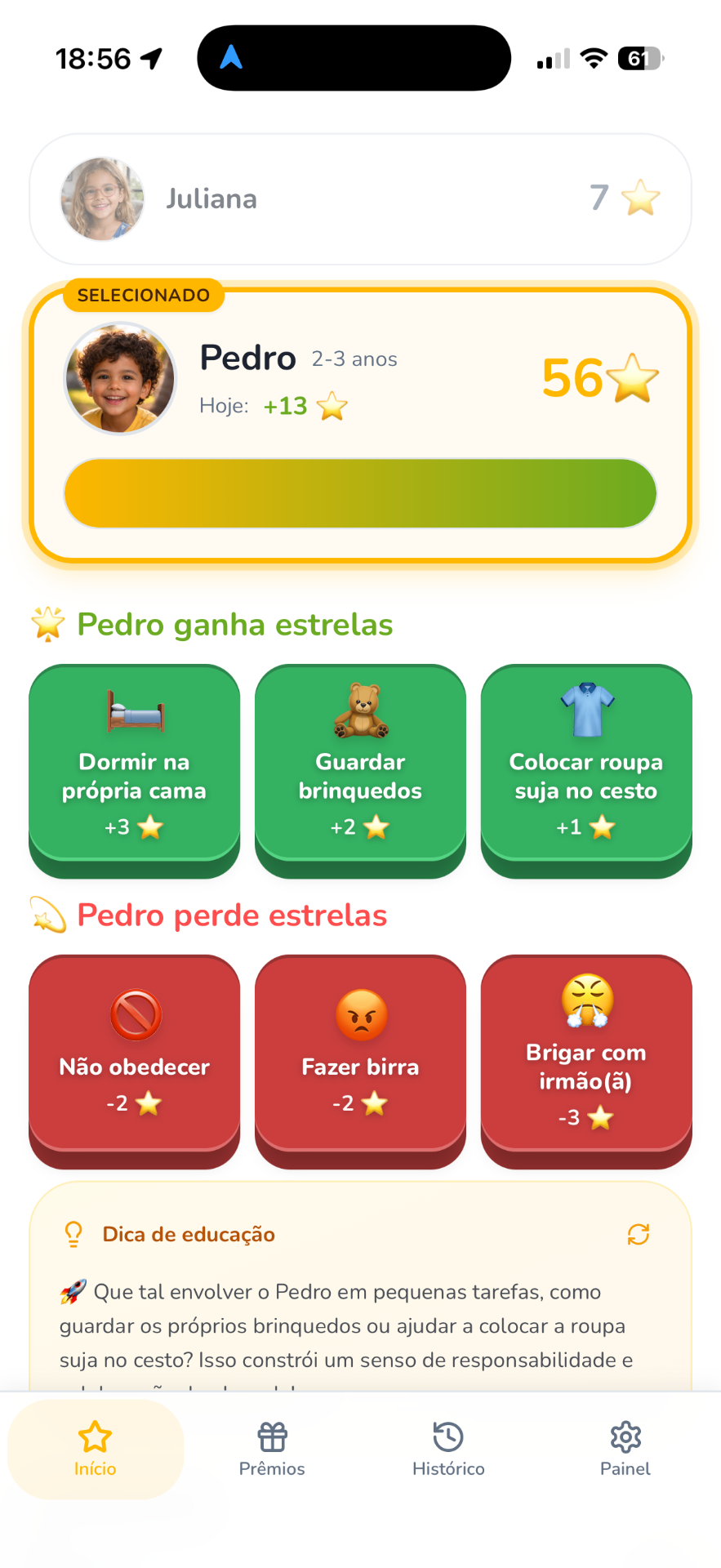 Tela inicial do app Estrelinhas mostrando o filho selecionado, total de estrelas e tarefas do dia