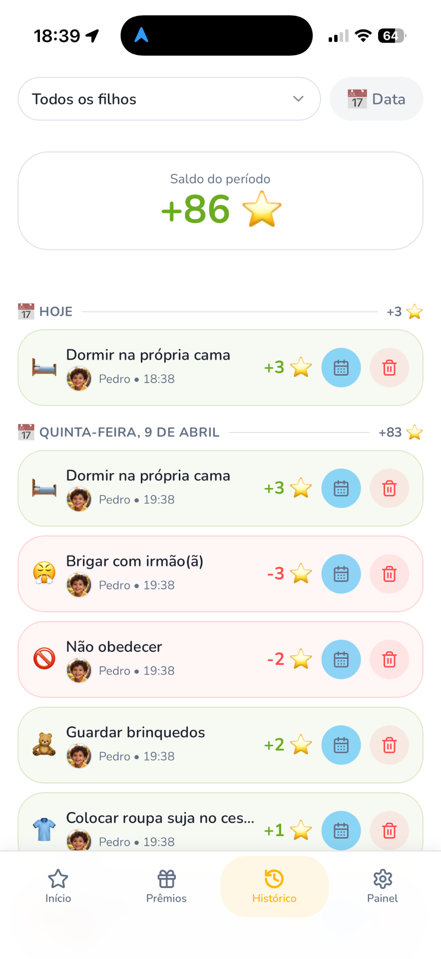 Tela de histórico do app Estrelinhas mostrando saldo de estrelas por período