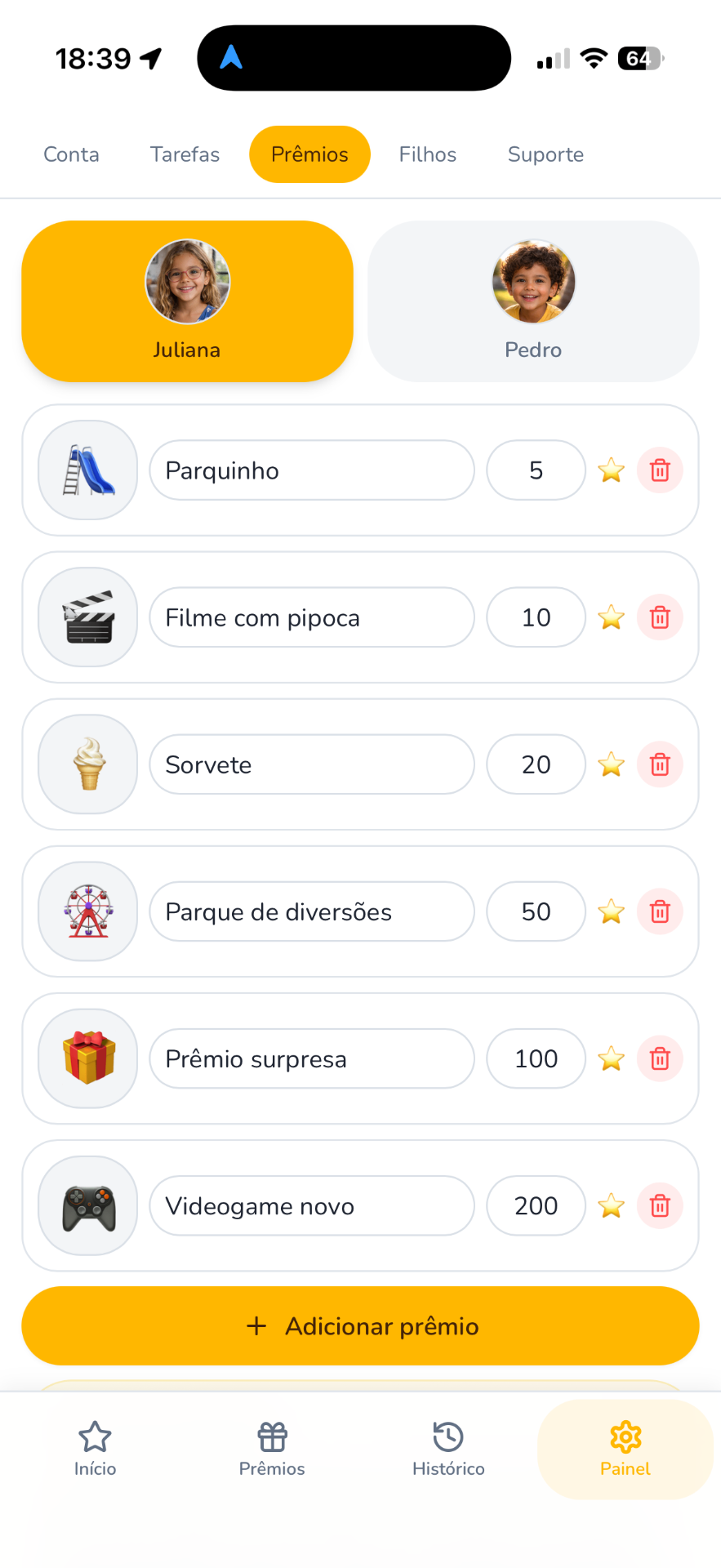 Tela de prêmios do app Estrelinhas com recompensas personalizadas por filho