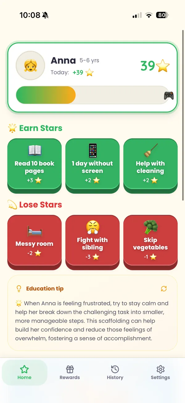 Pantalla inicial de la app Estrellitas mostrando el hijo seleccionado, total de estrellas y tareas del día