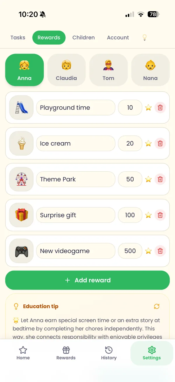 Pantalla de premios de la app Estrellitas con recompensas personalizadas por hijo